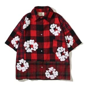 Men's Red and Black Buffalo Plaid Button-Down Shirt with White Floral Accents